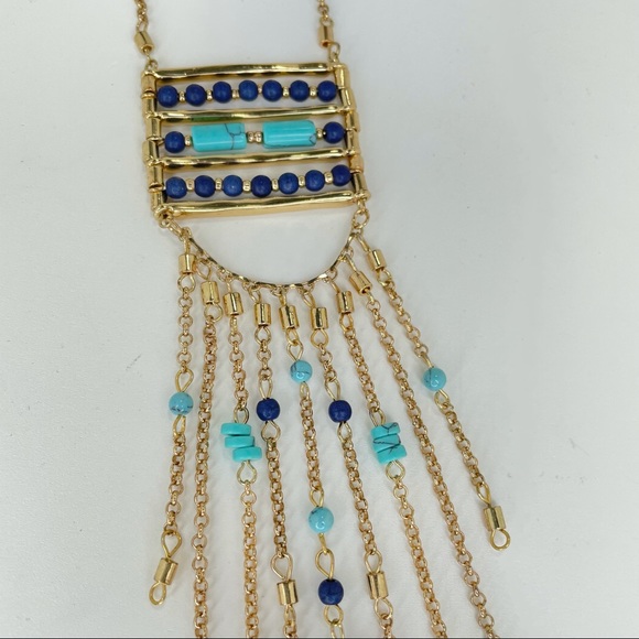 Long Beaded Statement Necklace Turquoise Color Gold Tone Jewelry Necklace - Picture 7 of 7